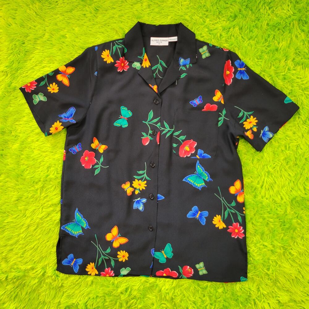 Vintage Alfred Dunner Black Floral Butterfly Short Sleeve Blouse, 6P